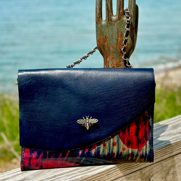 Leather Purse Hand Painted in Navy and Blue, Tan and Red Ikat Style Pattern with Bee Clasp Closure and Chain strap