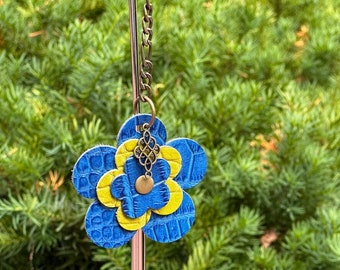 Leather Bag Charm Flower Purse Dangle Keychain Key Ring Fob in Blue and Green Croco Embossed Leather with brass pendant