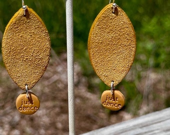 Gold Suede Leather Leaf Earrings in yellow gold recycled leather with Just Dance dangles