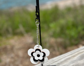 Leather Bag Charm Flower Keychain Keyring Purse Fob Dangle Bag Bling in Black and White