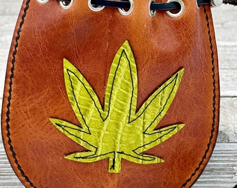 Marijuana Stash thc pot dope smoke edibles weed 420 bud bag stoner leather pouch with marijuana leaf appliqué and drawstring