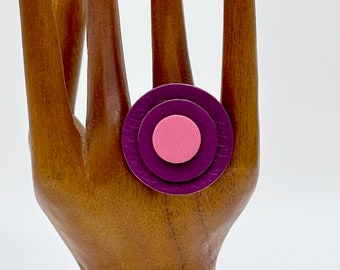 Leather Ring with Adjustable sizing in Circles of Purple and Pink, Modern Statement Ring with Upcycled Leather in Bold Geometric Circles