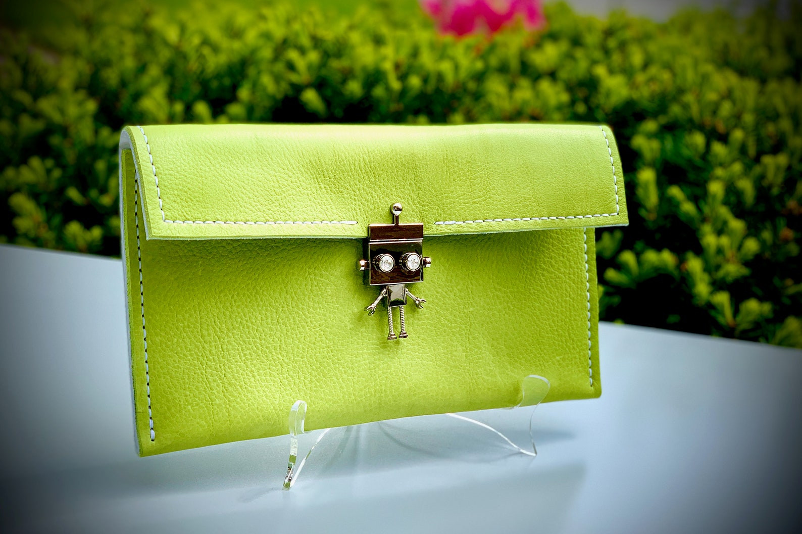 Lime Green Leather Clutch Purse with Silver and Rhinestone Etsy