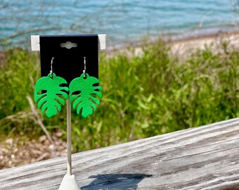 Leather Monstera Earrings in green recycled leather