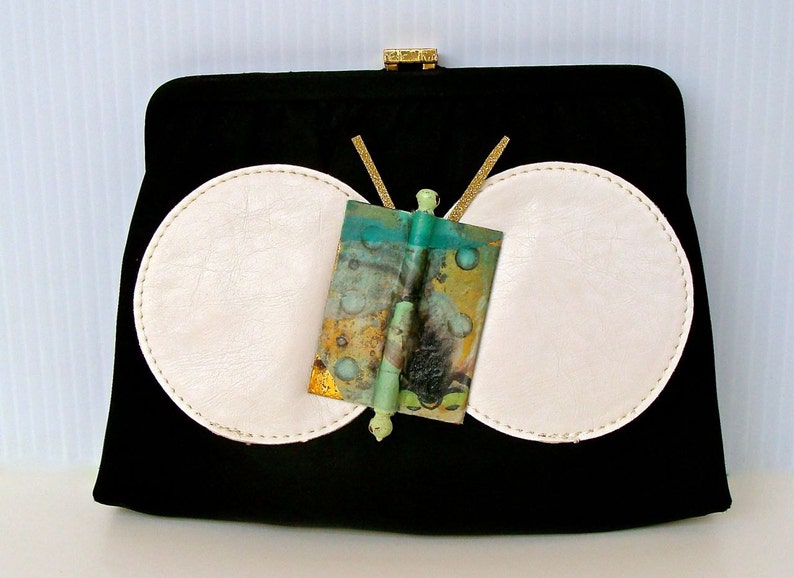 Vintage Handbag With Green Butterfly and White Circles Free Etsy