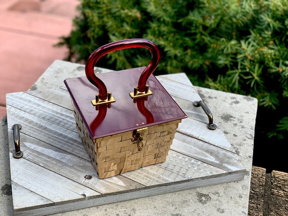 Vintage Lucite Box Purse 1950s Cinnamon RARE Red Top Gem