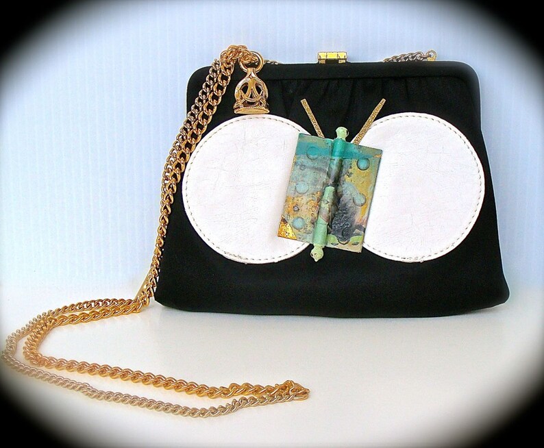 Vintage Handbag With Green Butterfly and White Circles Free Etsy