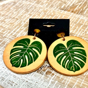 Leather Monstera Leaf Dangle Earrings