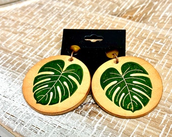 Leather Monstera Leaf Dangle Earrings