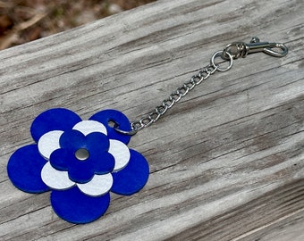 Leather Bag Charm Flower Keyring Keychain Purse Fob Dangle in Blue and White Upcycled Leather