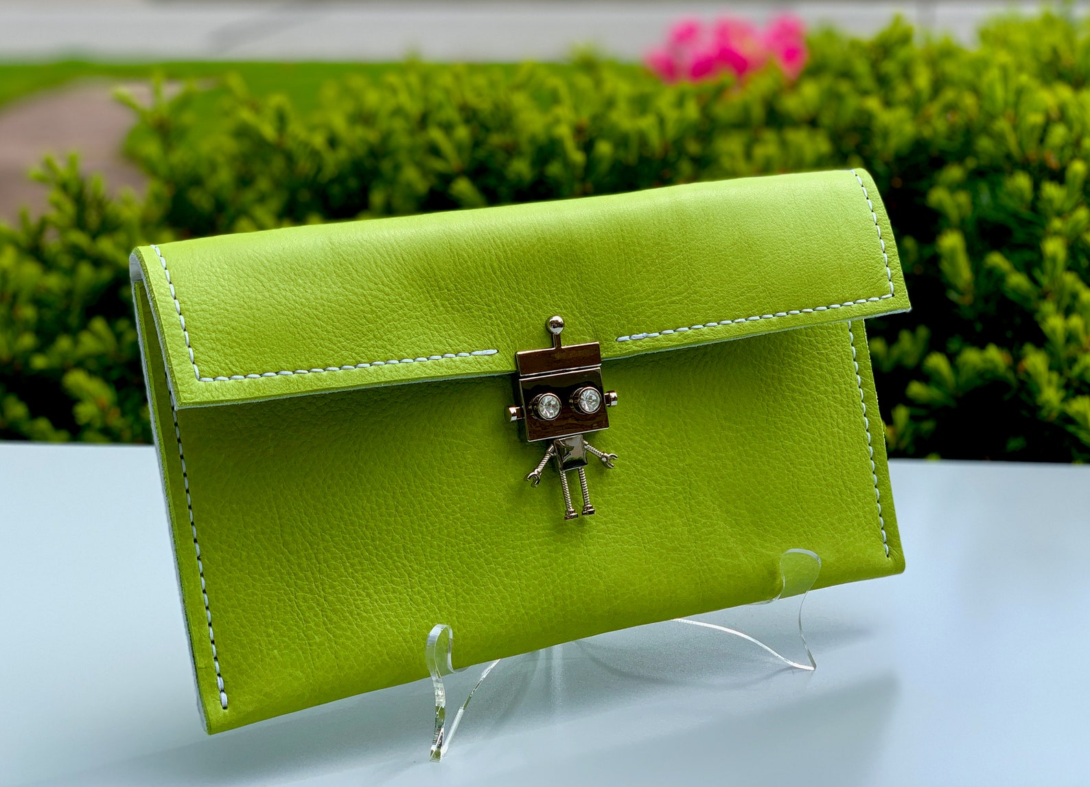 Lime Green Leather Clutch Purse with Silver and Rhinestone Etsy