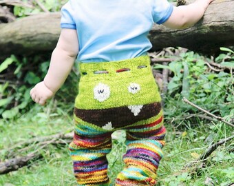 Toddler Pants, Baby Knit Pants, Monster Pants, Wool Diaper Cover, Hand Knit Pants, Soaker, Green Pants, Joggers, Rainbow, Cloth Diaper Cover
