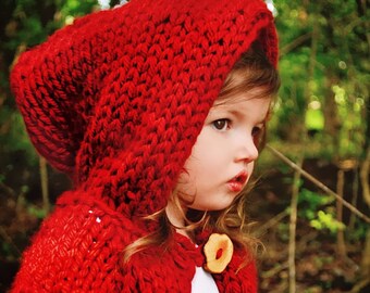 Knit Sweater, Cardigan, Girl's Red Sweater/ Hoodie / Chunky Knit/ Hand Knit Sweater, Hooded Sweater