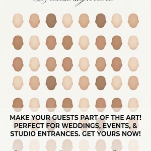 Puede incluir: Un libro de visitas con el texto "THE ULTIMATE GUEST BOOK - FOR YOUR GUESTS TO SIGN & DOODLE!" y "Please sign here". El libro presenta una cuadrícula de formas de rostro en varios tonos de piel. También es visible el texto "MAKE YOUR GUESTS PART OF THE ART!"