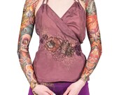 Wild Rose Ladies SUGAR SKULLS Tattoo Shrug (Fitted Bolero Connected Tattoo Sleeves and Back), Tan