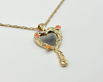 18K Gold Plated Heart Castle Mirror Necklace – Vintage Style, 18 Inch Chain