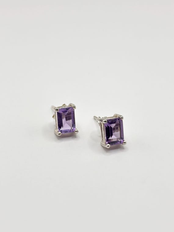 Sterling Silver Amethyst Stud Earrings, Emerald Cut Purple Gemstone Earrings