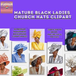 Könnte beinhalten: Digitale Kunstsammlung mit Illustrationen von reifen schwarzen Frauen, die verschiedene Kirchenhüte tragen. Das Bild enthält den Text "MATURE BLACK LADIES CHURCH HATS CLIPART" und Details zu den Bilddateien.