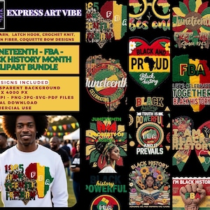 Könnte beinhalten: Ein digitales Clipart-Bundle mit Designs zum Thema Juneteenth und Black History Month. Das Bild zeigt verschiedene grafische Elemente, darunter Karten, Text und Illustrationen, in Rot, Grün, Gelb und Schwarz. Das Bundle enthält 31 Designs mit transparentem Hintergrund.