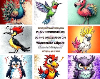 Whimsical Cartoon Birds PNG Clipart - 20 Funny Watercolor Bird Illustrations, Quirky Animal Graphics,