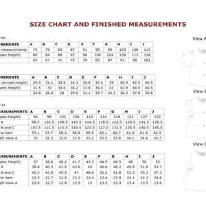 May include: Size chart with body and garment measurements in inches and centimeters. Includes measurements for upper bust, full bust, and waist. Also shows diagrams of the garment views.