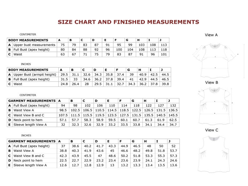 May include: Size chart with body and garment measurements in inches and centimeters. Includes measurements for upper bust, full bust, and waist. Also shows diagrams of the garment views.