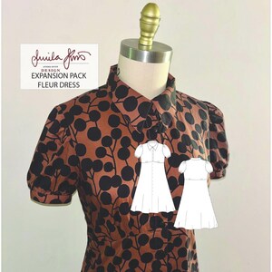 May include: A brown dress with a black circular pattern on a mannequin. The dress features a collar, short puff sleeves, and a button-down front. A white box contains the text: Juila Jms DESIGN EXPANSION PACK FLEUR DRESS, with two white line drawings of the dress.