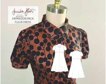 The Fleur Dress Expansion Pack Pdf Sewing pattern, New updated larger collar for a statment look, Short Puff sleeve with a cuff band.