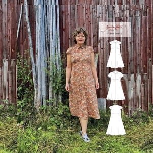 May include: A woman wearing a floral print dress with a collared neckline and button-down front. The dress is knee-length and features a pattern of orange, red, and yellow flowers. The image also includes a design sketch and the text "FLEUR DRESS".