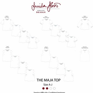 May include: A white sewing pattern sheet with multiple views of a top design. The design includes short sleeve, cap sleeve, and long puff sleeve options. The text "THE MAJA TOP" is displayed, along with size and difficulty information. The height is 5'7" and chest measurements are 31.5-46.5 inches.