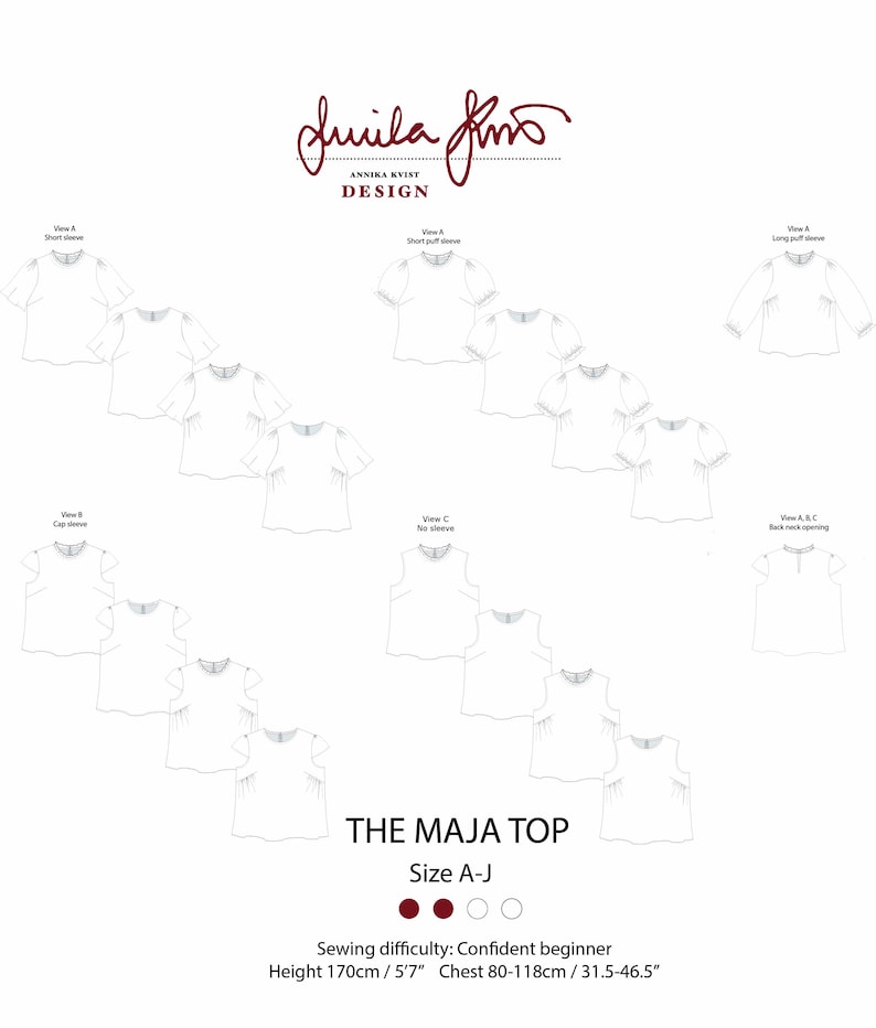 May include: A white sewing pattern sheet with multiple views of a top design. The design includes short sleeve, cap sleeve, and long puff sleeve options. The text "THE MAJA TOP" is displayed, along with size and difficulty information. The height is 5'7" and chest measurements are 31.5-46.5 inches.