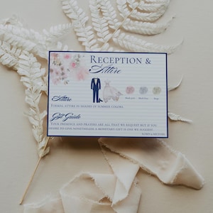 May include: A wedding invitation card with the text "Reception & Attire" and "Gift Guide". The card features illustrations of a bride and groom, along with color swatches. White fern and ribbon accents.