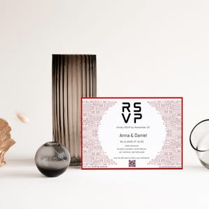 Minimal futuristic wedding suite with RSVP and details card.