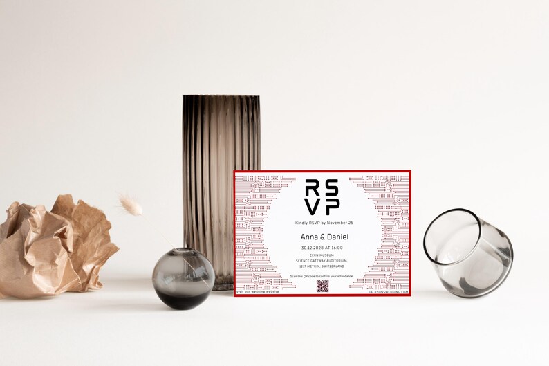 Minimal futuristic wedding suite with RSVP and details card.