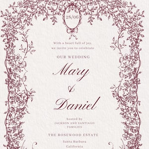 Regency wedding invitation template with royal crest monogram and floral Victorian frame, editable Canva wedding suite
