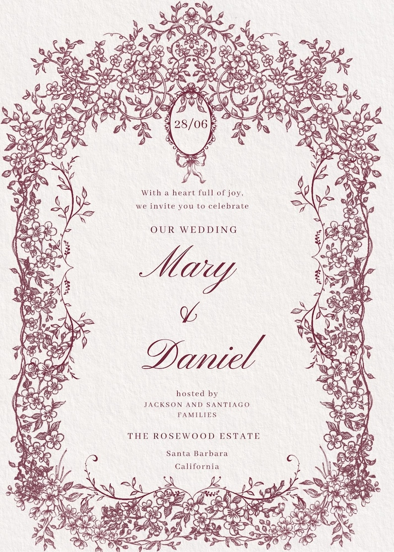 Regency wedding invitation template with royal crest monogram and floral Victorian frame, editable Canva wedding suite