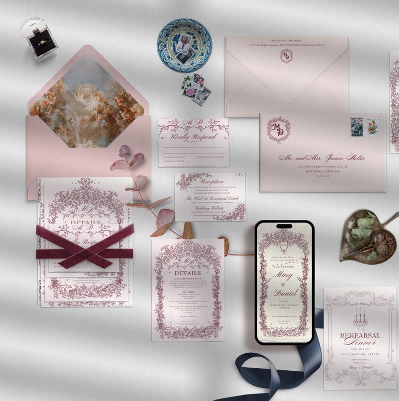 Luxury Regency wedding stationery suite with envelope liner, and animated invitation
