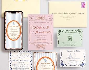 Modèle de Suite lunatique de faire-part de mariage, faire-part de mariage en toile modifiable, faire-part de mariage dessiné à la main, téléchargement numérique