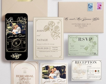 Botanical Wedding Invitation Suite | Sage Greenery, Hand-Illustrated (Editable Canva Template)