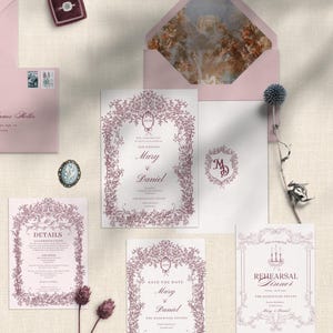 Victorian wedding invitation suite with RSVP card, reception card and details card