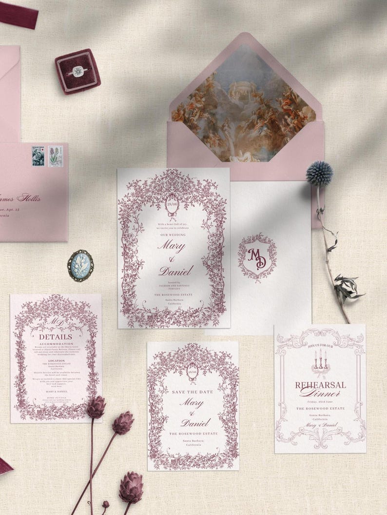 Victorian wedding invitation suite with RSVP card, reception card and details card