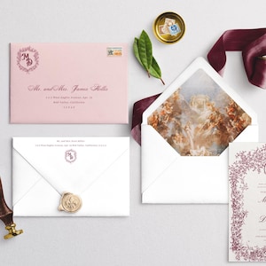 Wedding invitation suite featuring vintage envelope liner and vintage inspired stationery