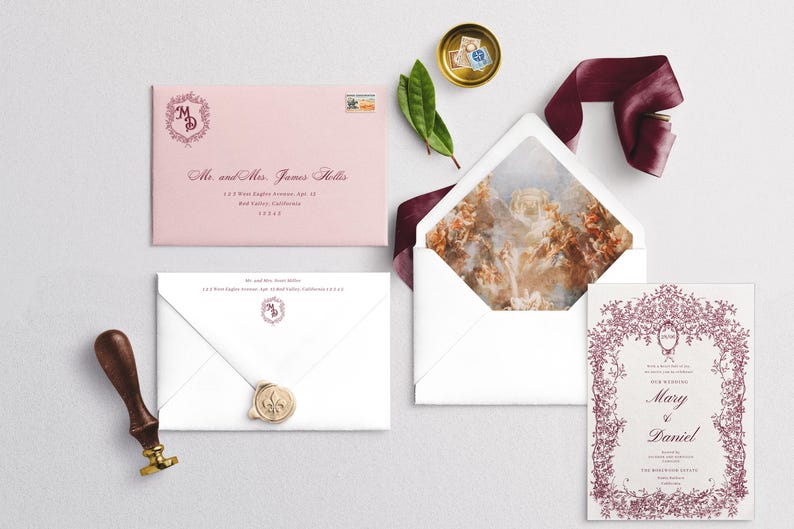 Wedding invitation suite featuring vintage envelope liner and vintage inspired stationery