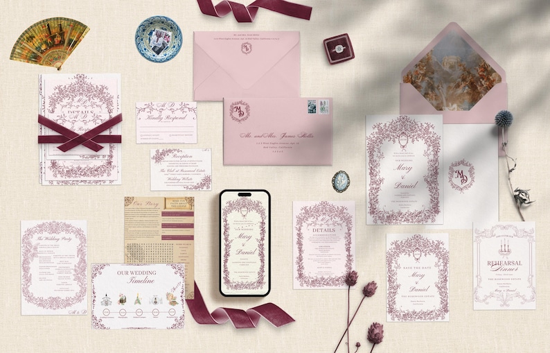 Complete Regency wedding invitation collection with matching wedding stationery pieces