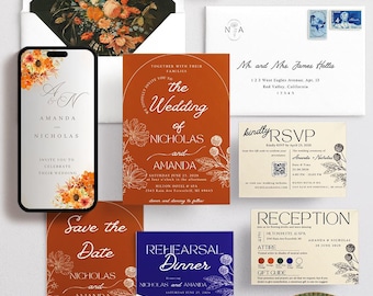 Ensemble de faire-part de mariage orange brûlé : modèle sur toile en terre cuite (téléchargement instantané)