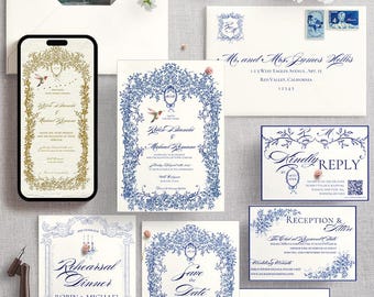 Suite de faire-part de mariage Régence, modèle d'invitation victorien vintage modifiable, dessiné à la main, invitation de mariage baroque antique, imprimable