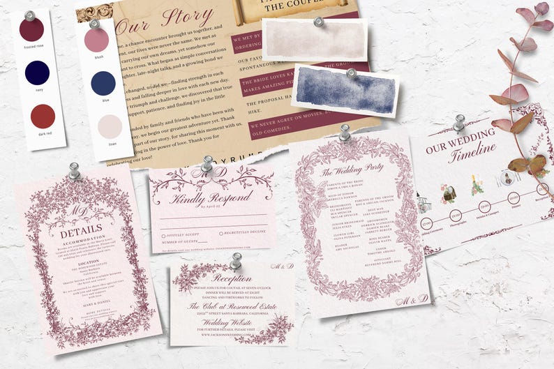 Matching wedding stationery set with invitation card, RSVP card and wedding details insert