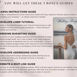 Pu&ograve; includere: Una guida digitale per la pianificazione del matrimonio con cinque guide bonus. Le guide includono istruzioni per Canva, fodere per buste, budget per matrimoni, indirizzi per buste e collegamenti al sito Web/RSVP. L'immagine presenta anche una donna in abito bianco.