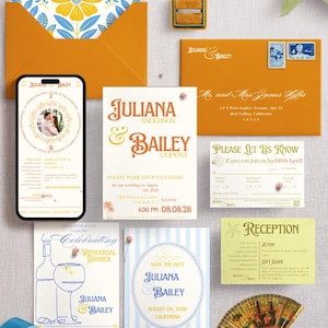 Peut inclure: Ensemble de papeterie de mariage, comprenant des invitations, des cartons de réponse et des faire-part. Le code couleur est orange, bleu et jaune. Les invitations présentent les noms "Juliana & Bailey" et la date du mariage.