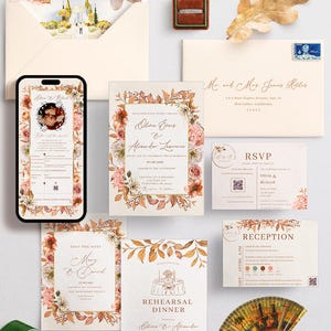 May include: A selection of wedding stationery, including invitations, RSVP cards, and a rehearsal dinner announcement. The designs feature floral and botanical elements in warm, autumnal colours. A smartphone displays a digital invitation.